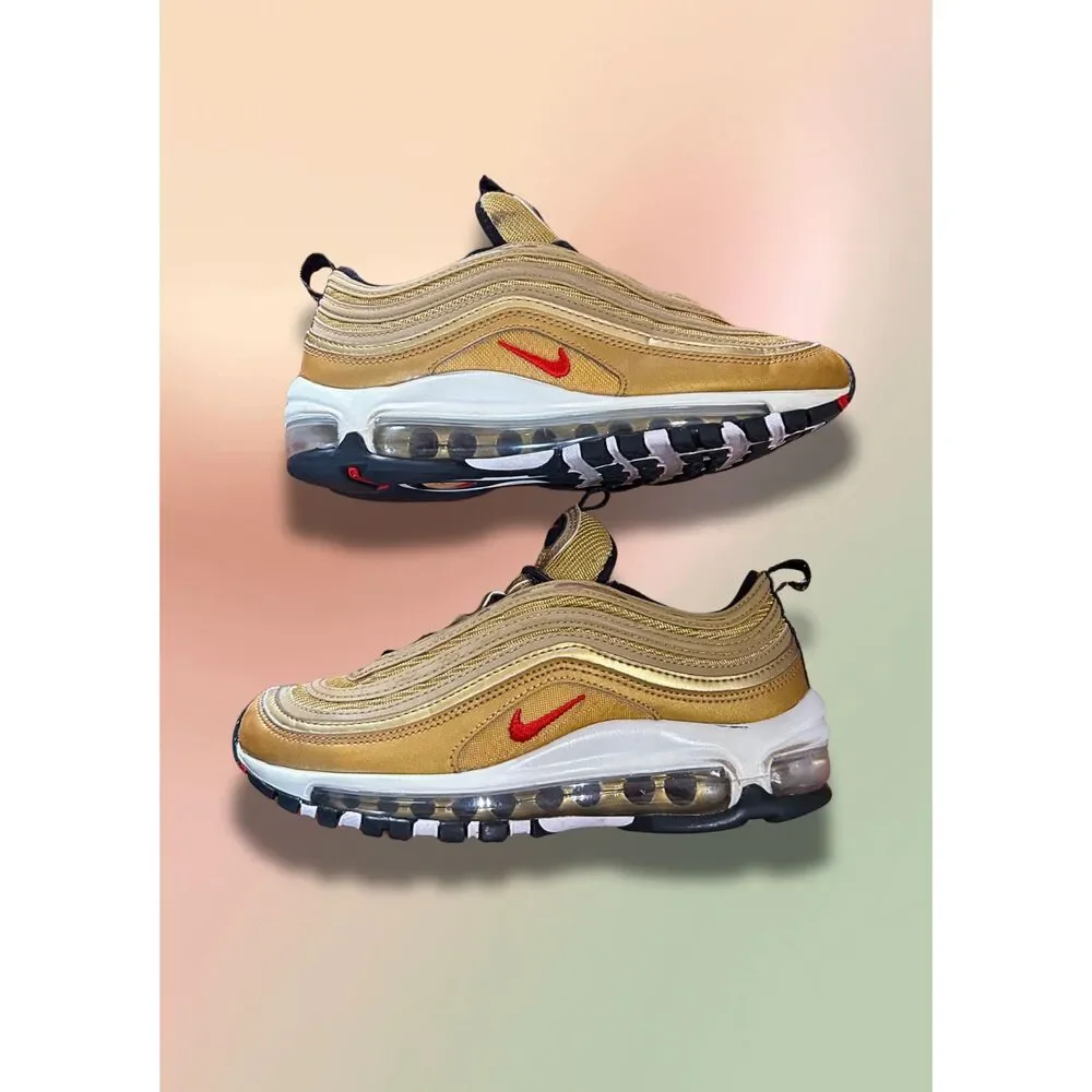 Nike Air Max 97 GS Metallic Gold University Red Black 918890-700 Youth Size 4Y